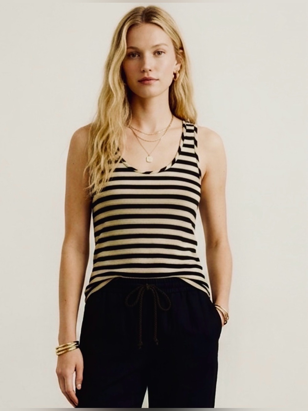 J Crew Scoop Neck Racerback Tank Top Horizontal Stripe Modal Cotton Black Tan XS